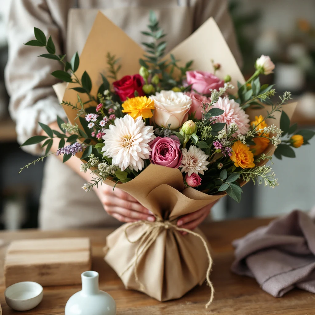 floristka přidává kapradiny do asymetrické kytice na pracovním stole